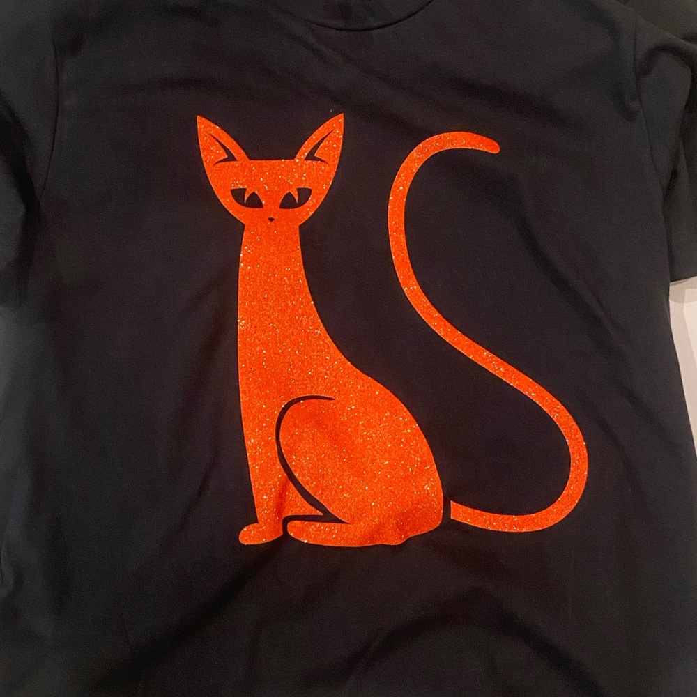 Halloween Cat Tee T-shirt black orange glitter graphic funny small